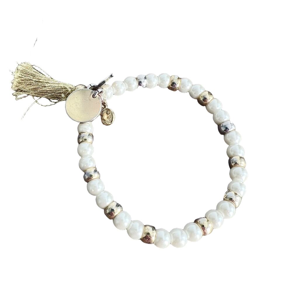 J.Crew Faux Pearl and Gold Beaded Tassel Boho Stretch Bracelet